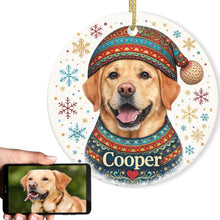 Load image into Gallery viewer, Yellow Labrador Ornament - Christmas Folk Art Design - Personalize with Photo and Name