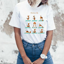 Load image into Gallery viewer, Image of a lady wearing beagle t-shirt in beagles doing yoga design