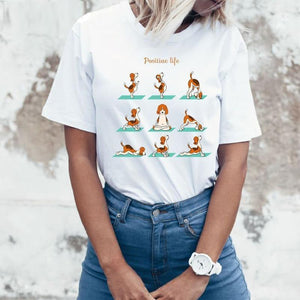 Image of a lady wearing beagle t-shirt in beagles doing yoga design