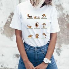 Load image into Gallery viewer, Image of a lady wearing beagle t-shirt in beagles doing yoga design