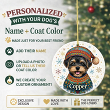 Load image into Gallery viewer, Yorkie Ornament - Christmas Folk Art Design - Personalize with Photo and Name