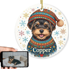 Load image into Gallery viewer, Yorkie Ornament - Christmas Folk Art Design - Personalize with Photo and Name