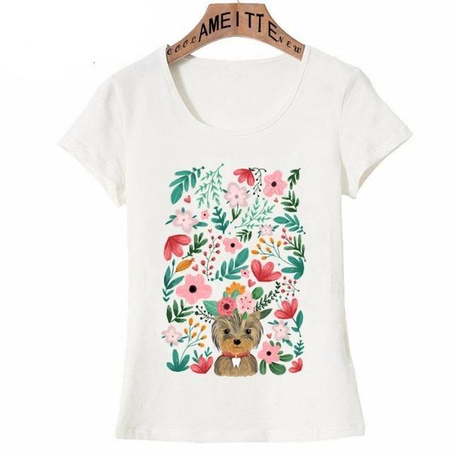 Yorkshire Terrier in Bloom Womens T Shirt-Apparel-Apparel, Dogs, T Shirt, Yorkshire Terrier, Z1-White-S-1