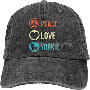 Image of a Yorkshire Terrier baseball cap in peace, love and Yorkie design