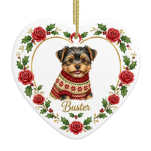 Load image into Gallery viewer, Yorkshire Terrier Ornament - Personalized Heart Shaped Christmas Rose Border - with Name-Christmas Ornament-Christmas,Personalize Artwork,Yorkshire Terrier-4