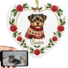 Load image into Gallery viewer, Yorkshire Terrier Ornament - Personalized Heart Shaped Christmas Rose Border - with Name-Christmas Ornament-Christmas,Personalize Artwork,Yorkshire Terrier-1