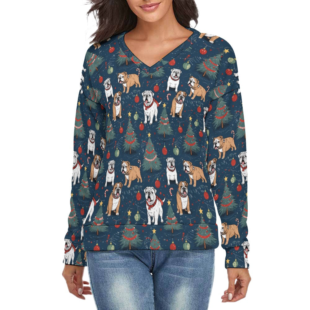 Yuletide English Bulldog Bliss Women's V-Neck Christmas Sweater-Apparel-Apparel,Christmas,Dog Mom Gifts,English Bulldog,Sweater,Sweatshirt-S-2