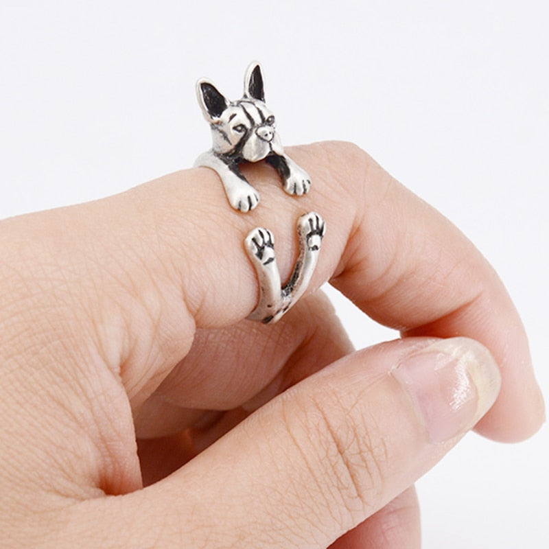 3D Boston Terrier Finger Wrap Rings-Dog Themed Jewellery-Boston Terrier, Dogs, Jewellery, Ring-Resizable-Antique Silver-2