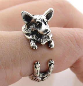 3D Corgi Finger Wrap Rings-Dog Themed Jewellery-Corgi, Dogs, Jewellery, Ring-Resizable-Antique Silver-2