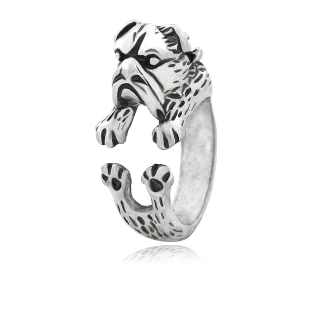 3D English Bulldog Finger Wrap Rings-Dog Themed Jewellery-Dogs, English Bulldog, Jewellery, Ring-Antique Silver-2