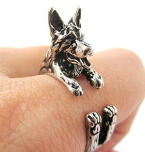 Load image into Gallery viewer, 3D German Shepherd Finger Wrap Rings-Dog Themed Jewellery-Dogs, German Shepherd, Jewellery, Ring-Resizable-Antique Silver Plated-3