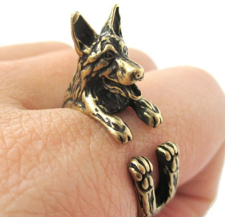 3D German Shepherd Finger Wrap Rings-Dog Themed Jewellery-Dogs, German Shepherd, Jewellery, Ring-Resizable-Antique Bronze Plated-1