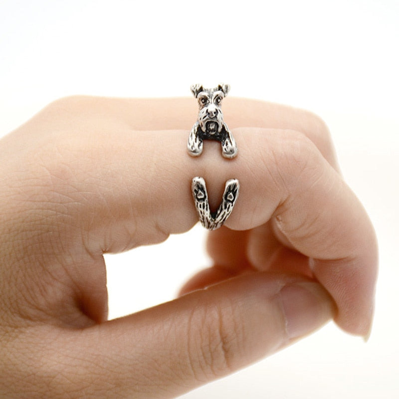 3D Schnauzer Finger Wrap Rings-Dog Themed Jewellery-Dogs, Jewellery, Ring, Schnauzer-Resizable-Antique Silver-2