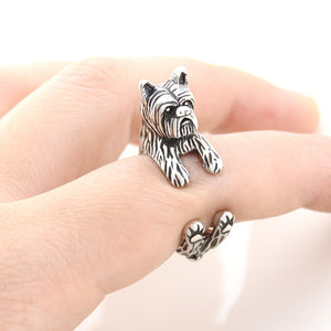 3D Yorkshire Terrier Finger Wrap Rings-Dog Themed Jewellery-Dogs, Jewellery, Ring, Yorkshire Terrier-Resizable-Antique Silver-2
