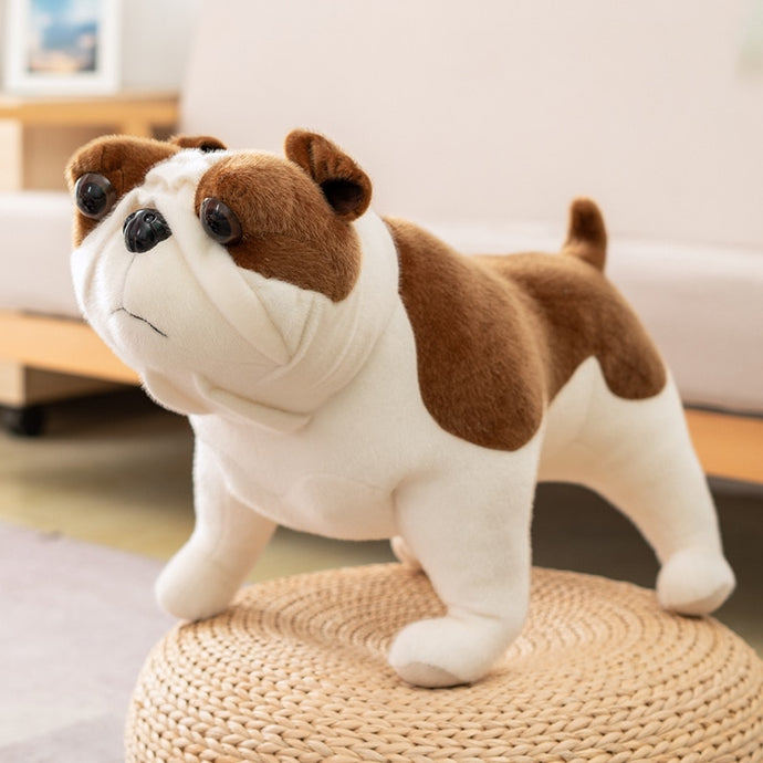 image of an adorable english bulldog stuffed animal plush toy standing on a jute box