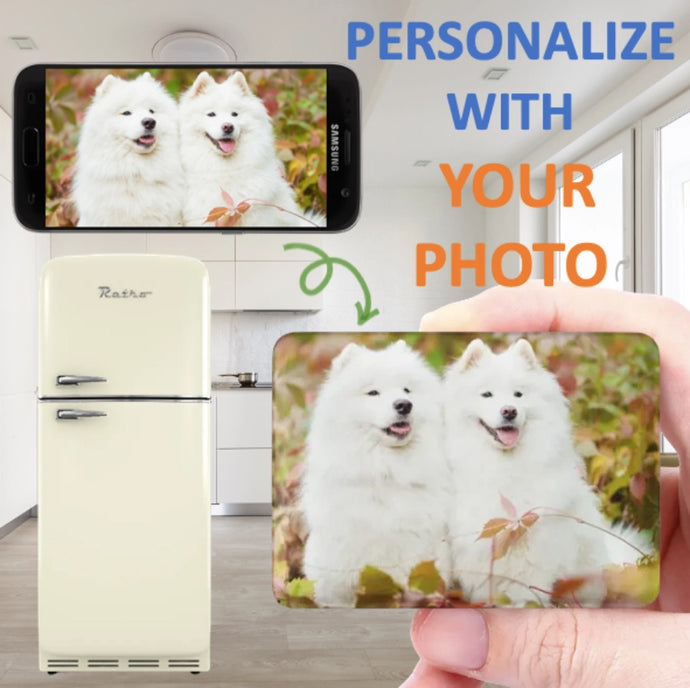 Image of a personalized dog gift custom fridge magnet with a photo of two dogs