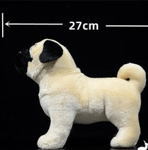 Load image into Gallery viewer, image of an adorable pug stuffed animal plush toy standing in black background - size chart