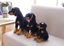 Load image into Gallery viewer, image of an adorable rottweiler stuffed animal plush toy on a table-different sizes