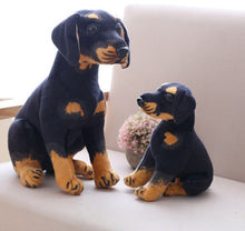 Load image into Gallery viewer, image of an adorable rottweiler stuffed animal plush toy on a table-different sizes