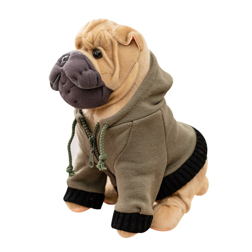 image of an adorable shar pei stuffed animal plush toy wearing a hoodie in white background