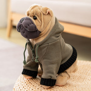 image of an adorable shar pei stuffed animal plush toy wearing a hoodie in white background