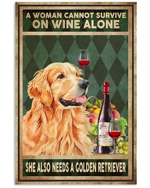 A Woman Needs a Golden Retriever and Wine Tin Poster-Home Decor-Dogs, Golden Retriever, Home Decor, Poster-Large-1