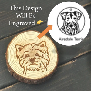 Image of a wood-engraved Airedale Terrier coaster design