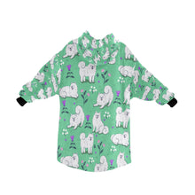 Load image into Gallery viewer, Image of an American Eskimo Dog blanket hoodie for kids in green color - Back View