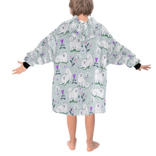 Load image into Gallery viewer, Image of a girl wearing an American Eskimo Dog blanket hoodie for kids in grey color - Back View