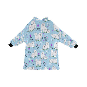 Image of an American Eskimo Dog blanket hoodie for kids in light blue color - Front View