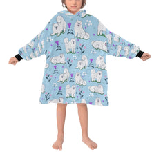 Load image into Gallery viewer, Image of a girl wearing an American Eskimo Dog blanket hoodie for kids in light blue color
