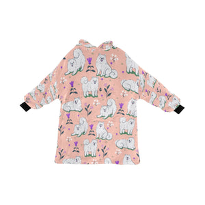 Image of an American Eskimo Dog blanket hoodie for kids in pink color - Front View