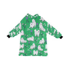 Image of an American Eskimo Dog blanket hoodie for women in green color - Front View