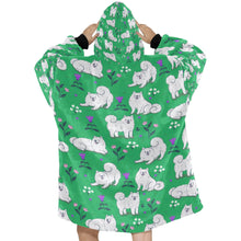 Load image into Gallery viewer, Image of a lady wearing an American Eskimo Dog blanket hoodie for women in green color - Back View