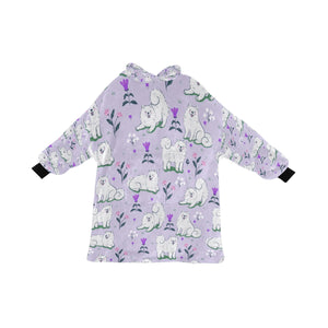 Image of an American Eskimo Dog blanket hoodie for women in lavender color - Front View