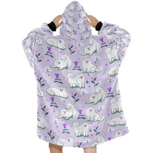 Load image into Gallery viewer, Image of a lady wearing an American Eskimo Dog blanket hoodie for women in lavender color - Back View