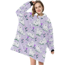 Load image into Gallery viewer, Image of a lady wearing an American Eskimo Dog blanket hoodie for women in lavender color