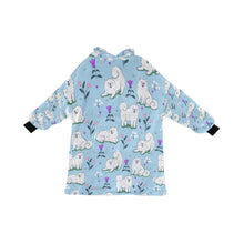 Load image into Gallery viewer, Image of an American Eskimo Dog blanket hoodie for women in light blue color - Front View