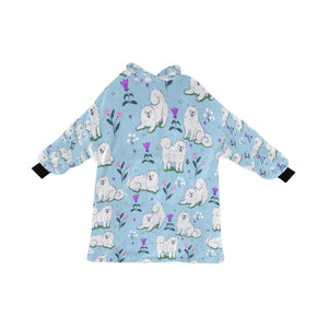 Image of an American Eskimo Dog blanket hoodie for women in light blue color - Front View