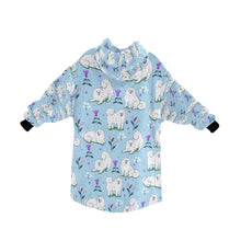 Load image into Gallery viewer, Image of an American Eskimo Dog blanket hoodie for women in light blue color - Back View