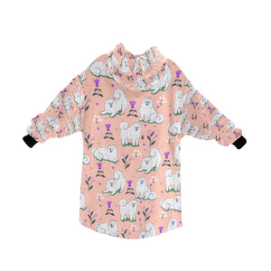 Image of an American Eskimo Dog blanket hoodie for women in peach color - Back View