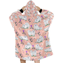 Load image into Gallery viewer, Image of a lady wearing an American Eskimo Dog blanket hoodie for women in peach color - Back View