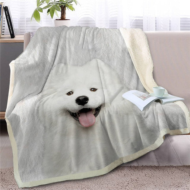 Image of a soft and warm American Eskimo Dog blanket in smiling American Eskimo Dog design