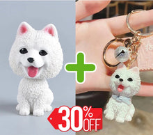 Load image into Gallery viewer, Image of a smiling American Eskimo Dog bobblehead and American Eskimo Dog keychain bundle