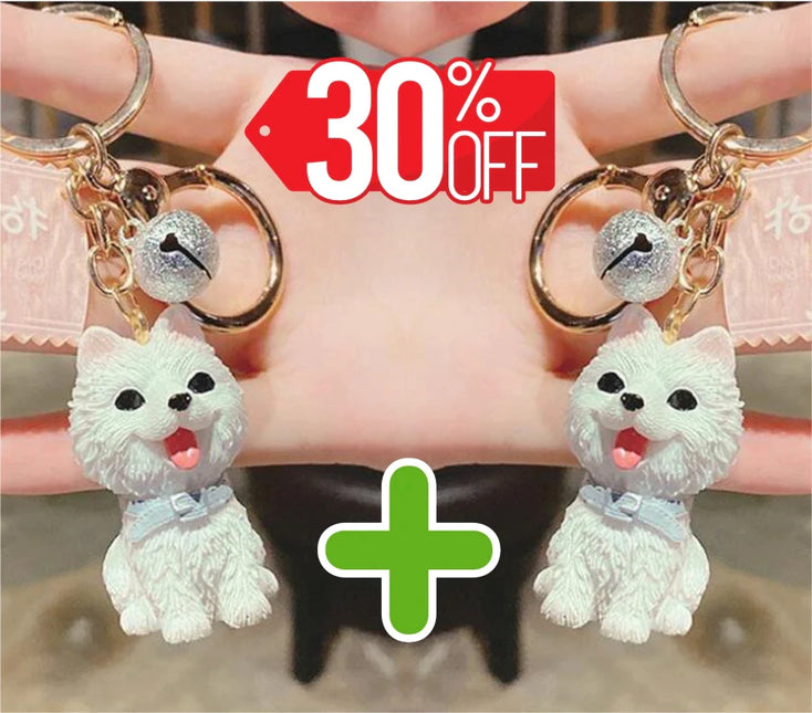 Image of two smiling American Eskimo Dog keychains