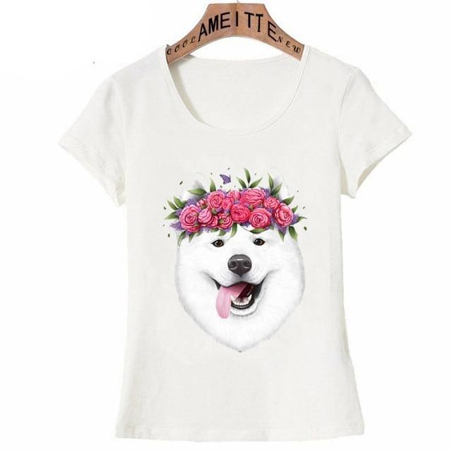 Image of an American Eskimo Dog t-shirt featuring the prettiest American Eskimo Dog girl wearing a flowery pink tiara