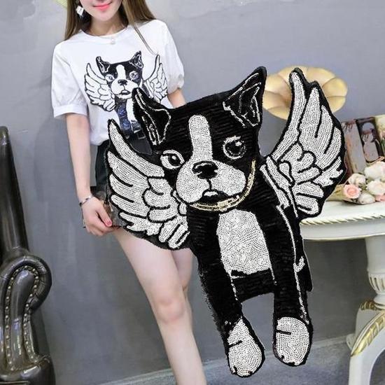 Angel French Bulldog Sequinned Handmade Patch