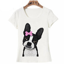 Load image into Gallery viewer, Image of a boston terrier tee shirt featuring a girl boston terrier wearing a pink hair bow
