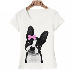 Image of a boston terrier tee shirt featuring a girl boston terrier wearing a pink hair bow