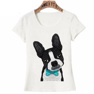 Image of a boston terrier mom tshirt featuring a boy boston terrier wearing a wearing a blue bow tie